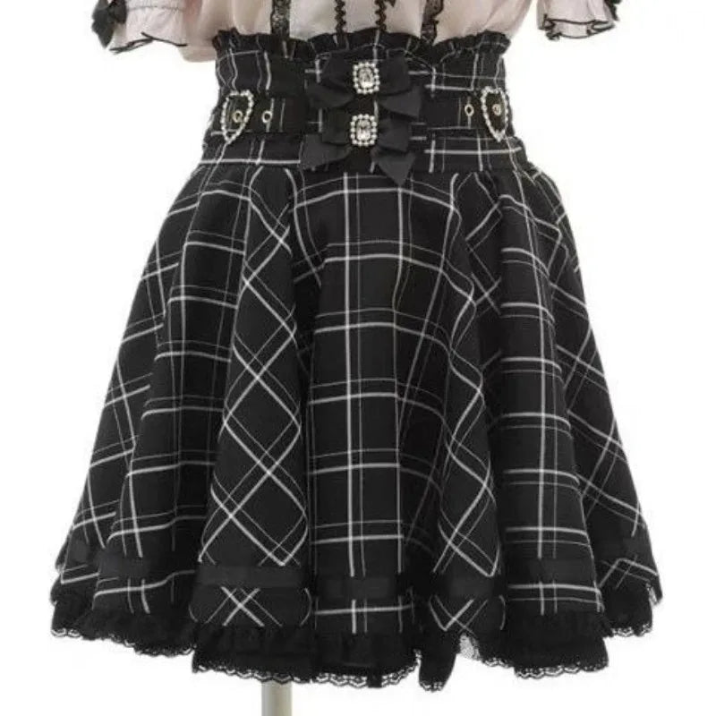 Japanese Gothic Lolita Style Shirts Women Vintage Sweet Y2k Lace Ruffles Short Sleeve Plaid Blouse Girls Casual Tops